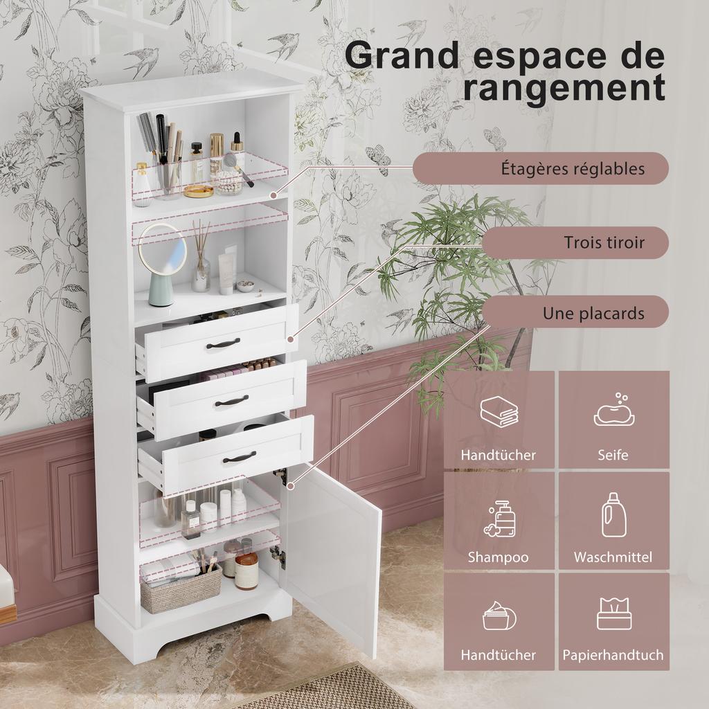 56 x 25.6 x 167 cm Bathroom Cabinet, lacquered, three drawers + open shelves + storage, adjustable shelves, black handles, cabinet legs, white.