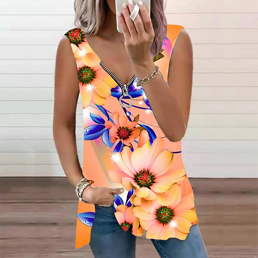 Женский топ, летняя новая мода, повседневный топ с принтом солнечных цветов, большие размеры, без рукавов, на молнии, с v-образным вырезом, майка