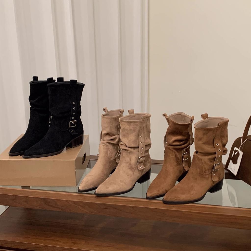 Женские ботильоны Мартин на высоком каблуке, замшевые, с острым носком, узкие, осенне-зимние 2025, в стиле вестерн, ковбойские, средней высоты, на подкладке, короткие