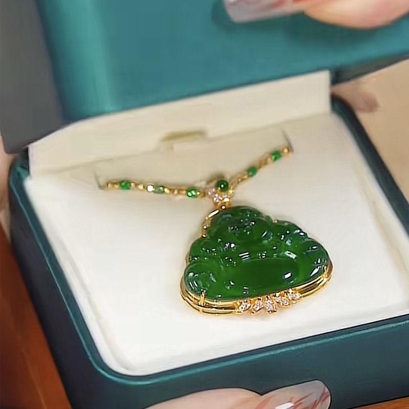 New imitation jade Buddha Gong pendant women's gold-plated jade Buddha Maitreya Buddha laughing Buddha jade pendant necklace sweater chain
