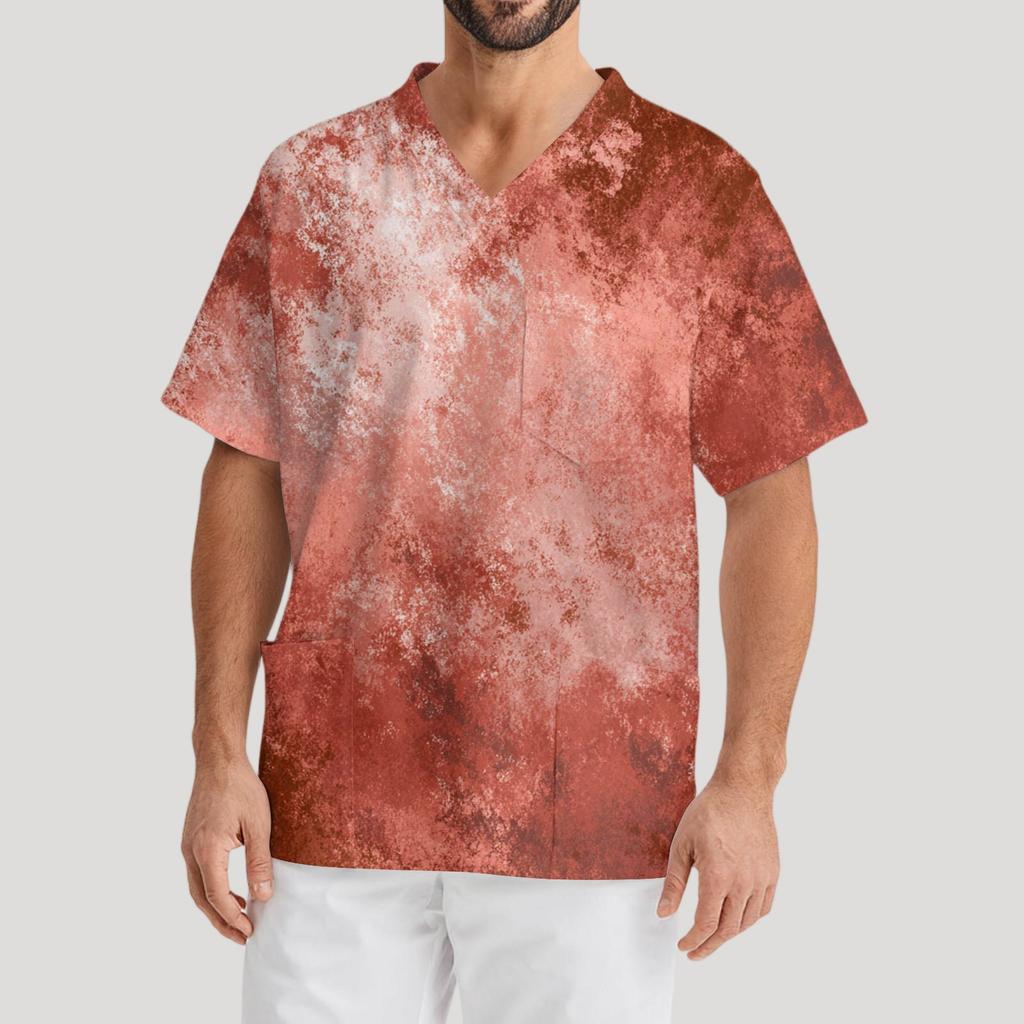 Мужская рабочая блузка с короткими рукавами и v-образным вырезом с принтом, топ с нагрудным карманом