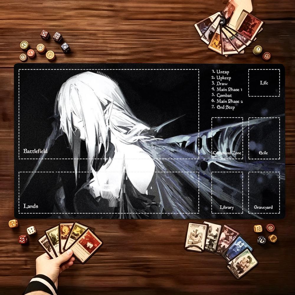 Monochrome WhiteHaired Warrior Large Game Mat NonSlip Rubber Playmat Dark Fantasy Silhouette For Trading Card Tabletop Gaming