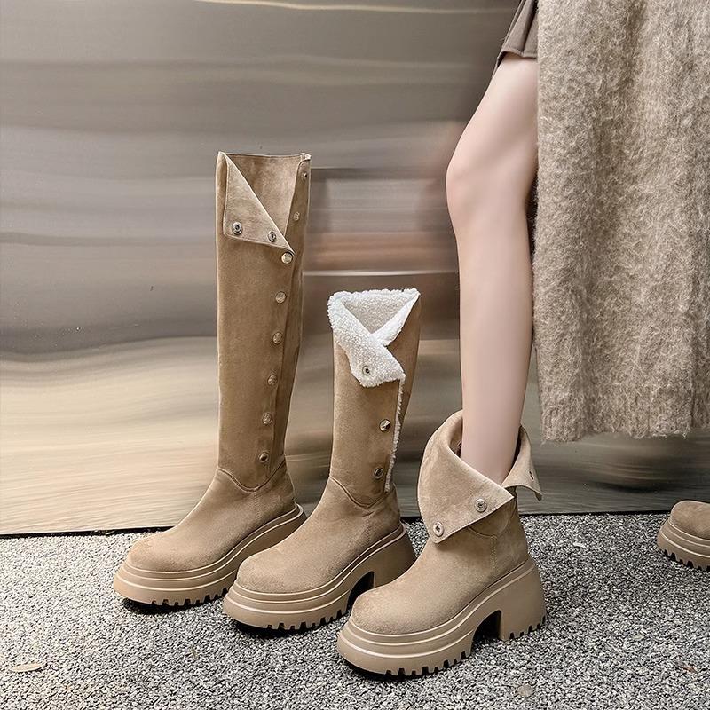 Маленькие сапоги на толстой подошве для осени и зимы с круглым носком и толстым каблуком, увеличивающим высоту ворса, замшевые, с утолщенным мехом, теплые зимние сапоги для женщин