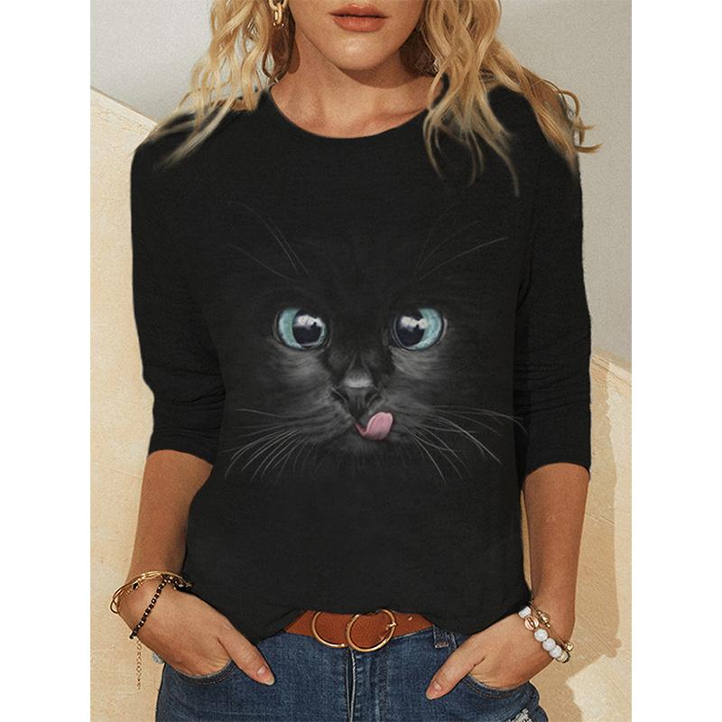 Женская черная футболка с 3D принтом кота, новая весенне-осенняя свободная повседневная футболка с длинным рукавом, женская футболка с круглым вырезом
