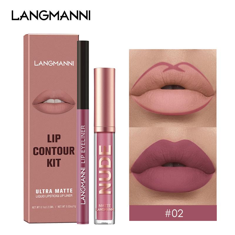 Langmanni Lip Gloss Lip Liner Set 2 Sets Non-sticky Cup Matte Lip Gloss Set