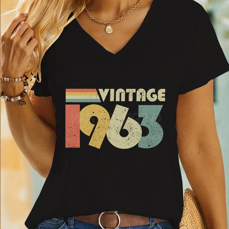 Women 60th Birthday Essential Classic Tops Vintage 1960 To 1969 Graphic T Shirts Short Sleeve Vneck 60 Years Old TShirt Tops