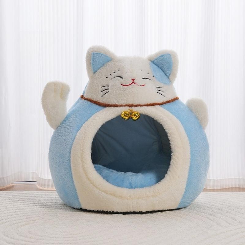 Лежанка для кошек для дома - Кот-талисман Манеки-неко, Пещера-лежанка для кошки, Супермягкая успокаивающая лежанка для питомца, Котенка и Щенка, Маленькой Собаки, Теплый Плюш, Укрытие для кошки