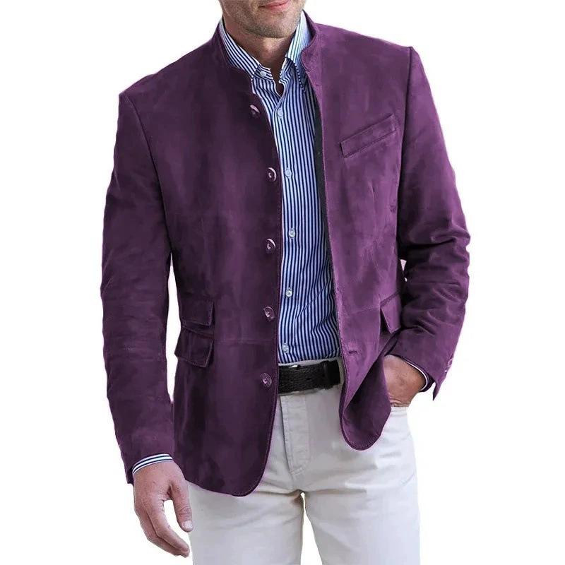 Мужской блейзер под замшу с воротником-стойкой, однобортный, для стиля smart casual