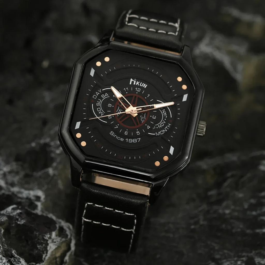 5/1pcs/Set Men Quartz Watches Bracelets Casual PU Leather Strap Cool Black Watch Big Dial Square Sports Watch Relógios Masculino