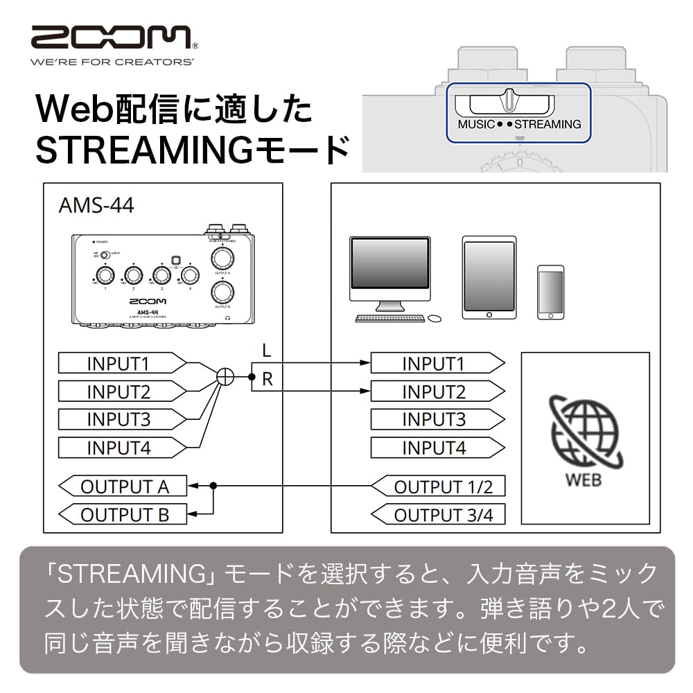ZOOM AMS-44 USB Audio Interface, Lightweight (177g), 4-in/4-out Combo Input