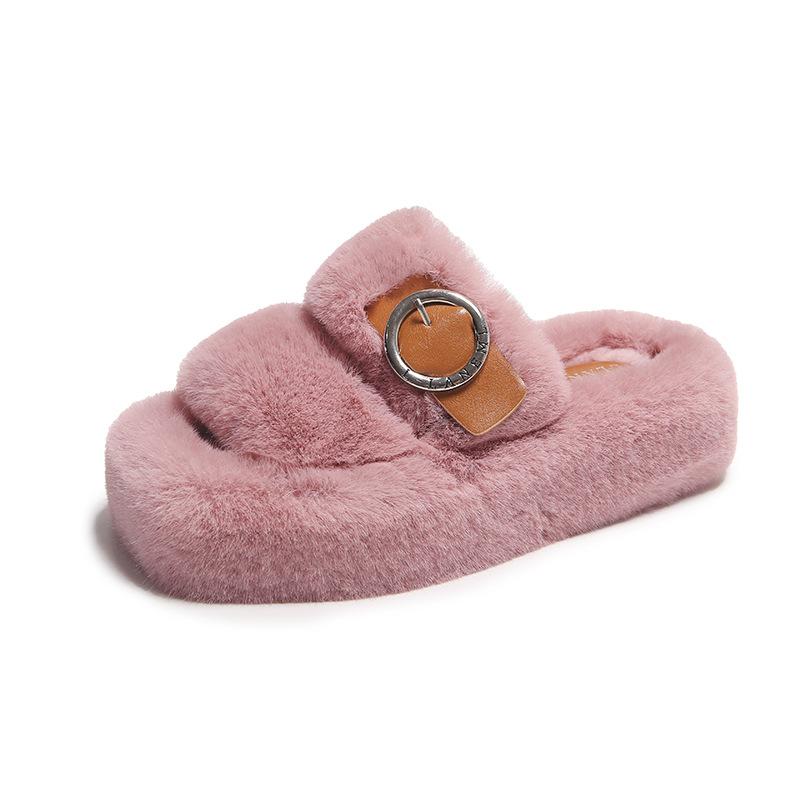 Fashion 2024 New Summer Square Toe Solid Color Belt Buckle Decoration Thick Sole Fashion Fur Slippers Indoor Home Casual Floor Slides