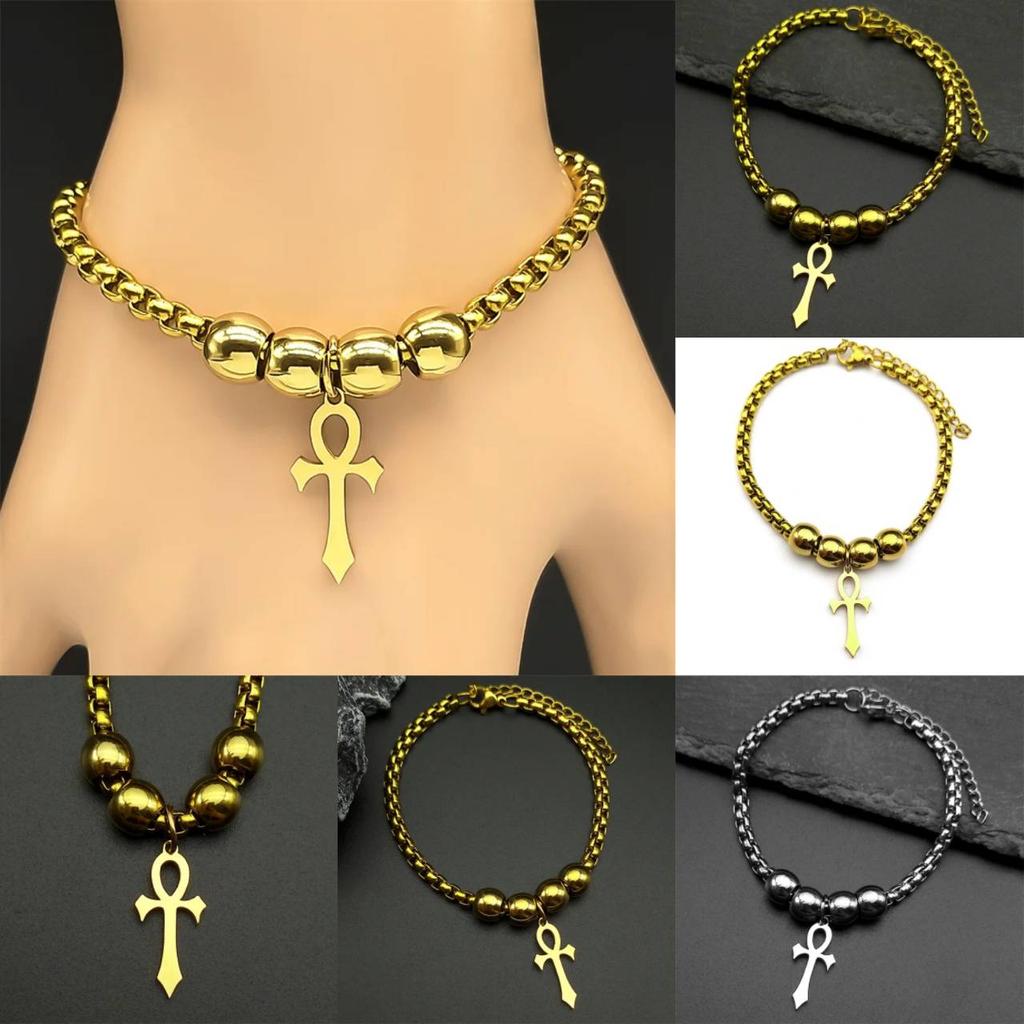 Bracelet Vintage Charm Amulet Talisman Ankh Cross Men Women Stainless Steel Egypt Egyptian Key Life Religious Jewelry Gift Hip Hop Rock Goth Gothic