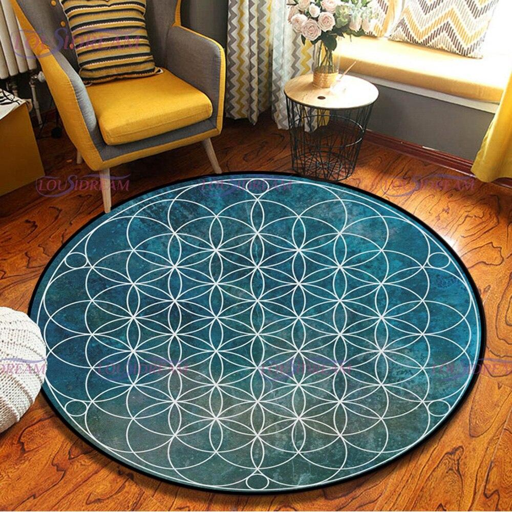 Круглый ковер с геометрическими символами «Цветок жизни», священный духовный прикроватный коврик для спальни, нескользящий напольный коврик, домашний декор для гостиной, ковер