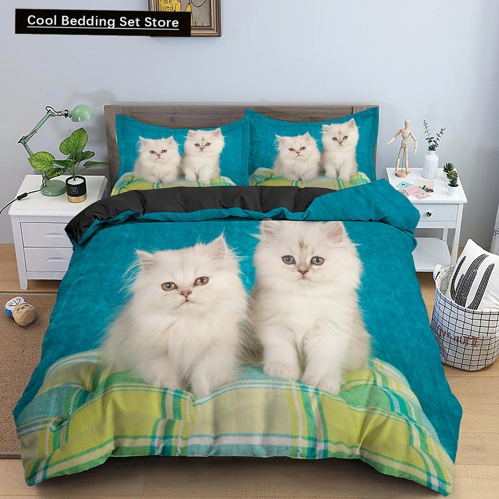 White Cat King Queen Duvet Cover Kawaii Pet Kitty Bedding Set for Kids Teens Adults Family Animal 2/3pcs Polyester Quilt Cover