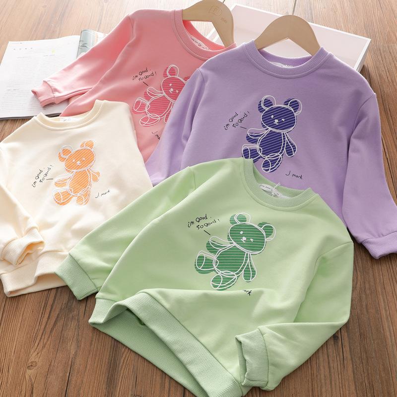 Kids Girls Spring Autumn Long Sleeve O Neck Cartoon Bear Printed T Shirt Tops