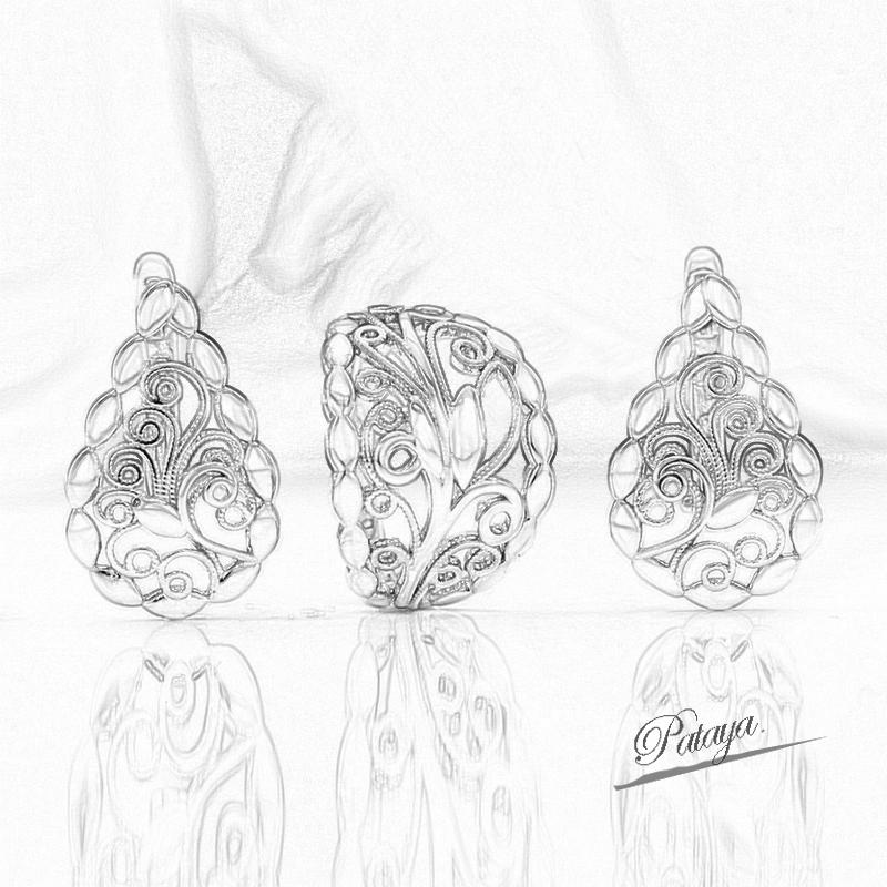 Pataya Process Rose Electroplated Hollowing Gold Color Classical Style Earring Ring Combo Set
