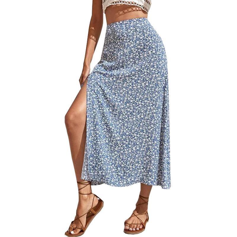 Summer Floral Half-body Skirt,Split A-line Package Hip Long Skirt