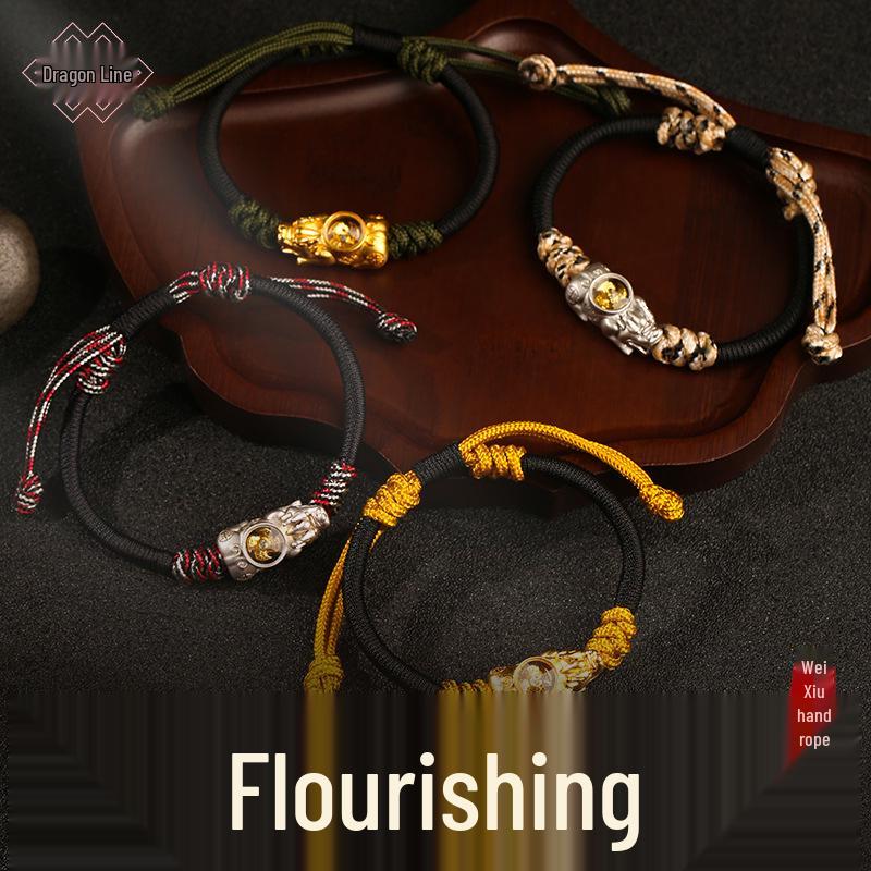Dragon Knot Gold-Plated Silver Pixiu Bracelet - Handmade Woven Copper, Couple Style, Thai Sand Gold Design for Luck and Fortune.