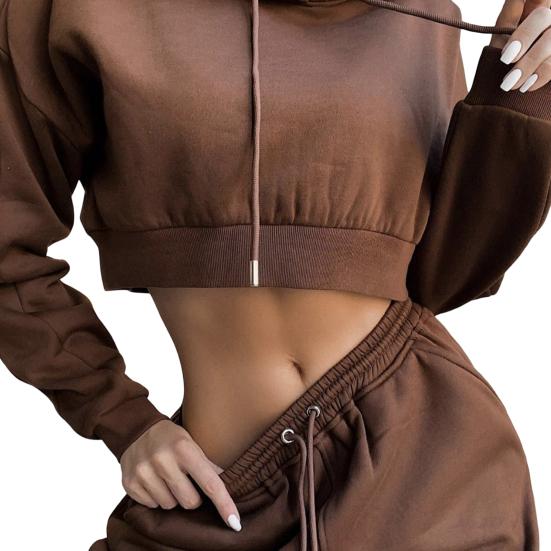 2 Pcs/Set Women Fall Hoodie Pants Set Long Sleeve Thick Hooded Short Top Drawstring Elastic Waist