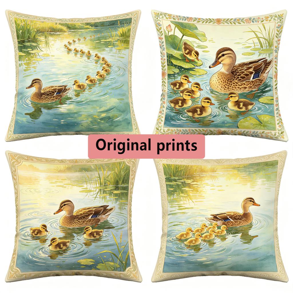 Watercolor Duck Family Pond Throw Pillow Covers Pattern Cushion Cover Suitable For Sofa Bedroom Car Pillow Cover