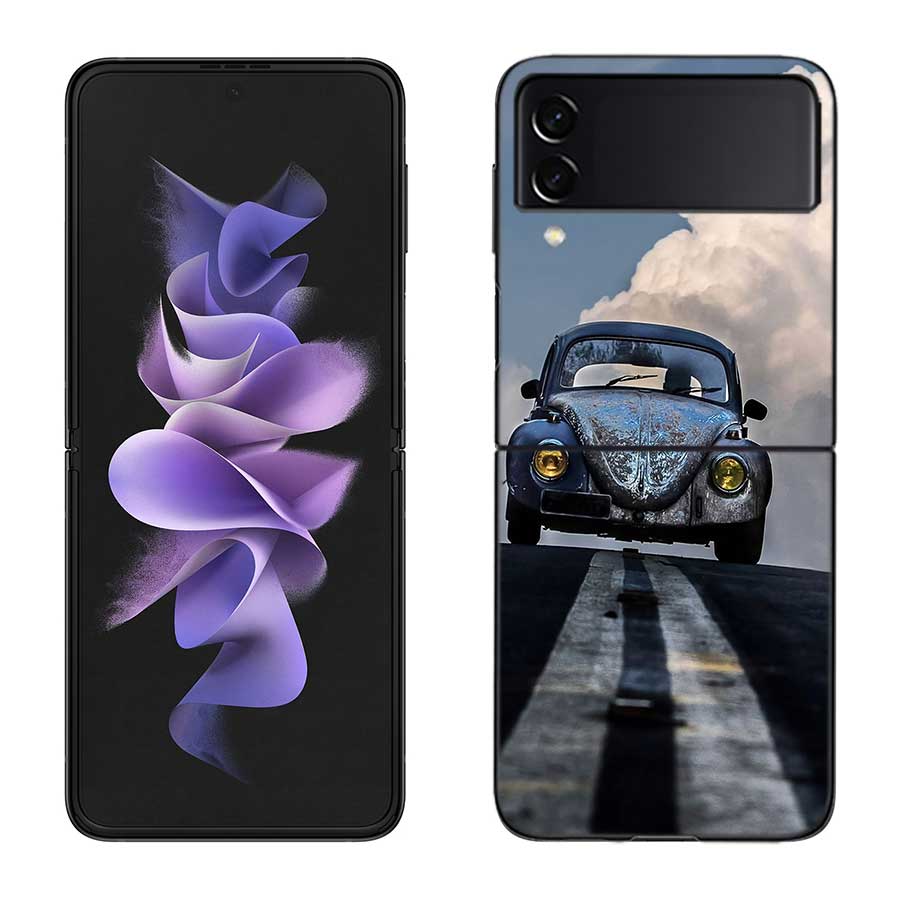 I like the Beetle Phone Case For Samsung Z Flip 7 6 5G Galaxy Z Flip 5 4 3 Black Hard Cell Cover Luxury PC Shell Coque
