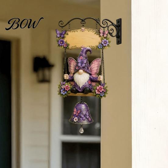Distressed Wood Grain Sign Garden Gnome Bell, Welcome Outdoor Hanging Doorbell, Holiday Decorative Wall Plaque Wind Chimes for Patio Home