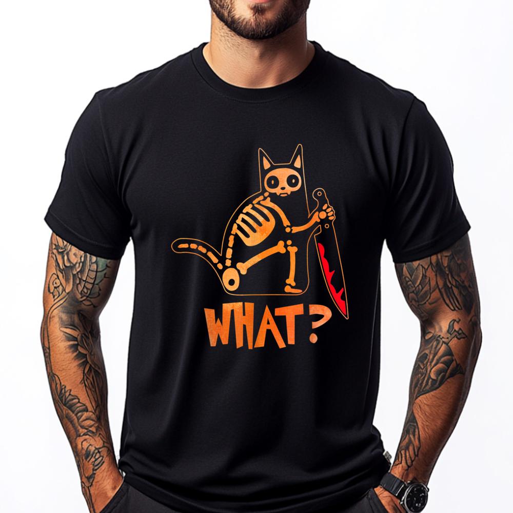 Cat What Halloween Cat With Knife Funny Cute Skeleton Cat Grpahic Tee Mens T Shirt Man Tops Tees - Men's Summer Cotton Graphi...