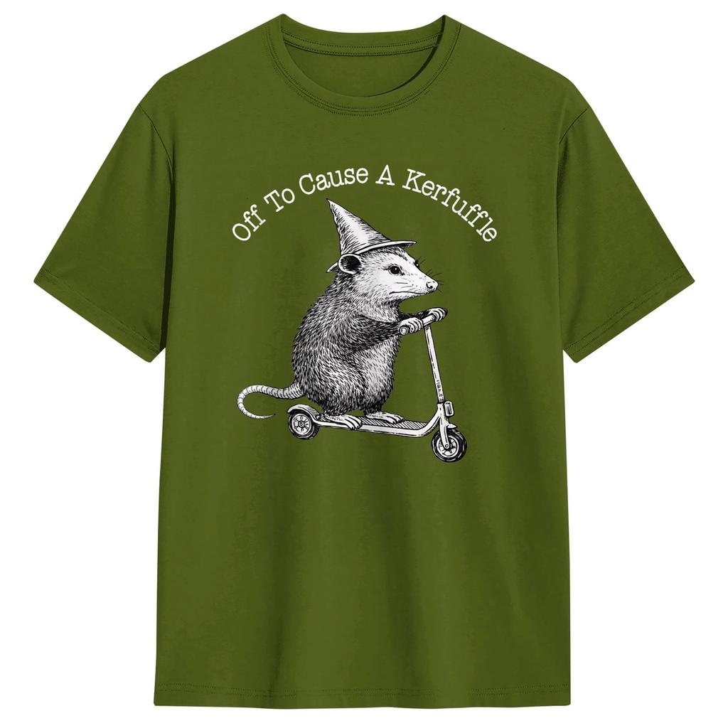 Unisex Women TShirt Off to Cause A Kerfuffle Funny Opossum Riding Scooter T Shirts Leisure Summer Tees Vintage Cotton Clothes