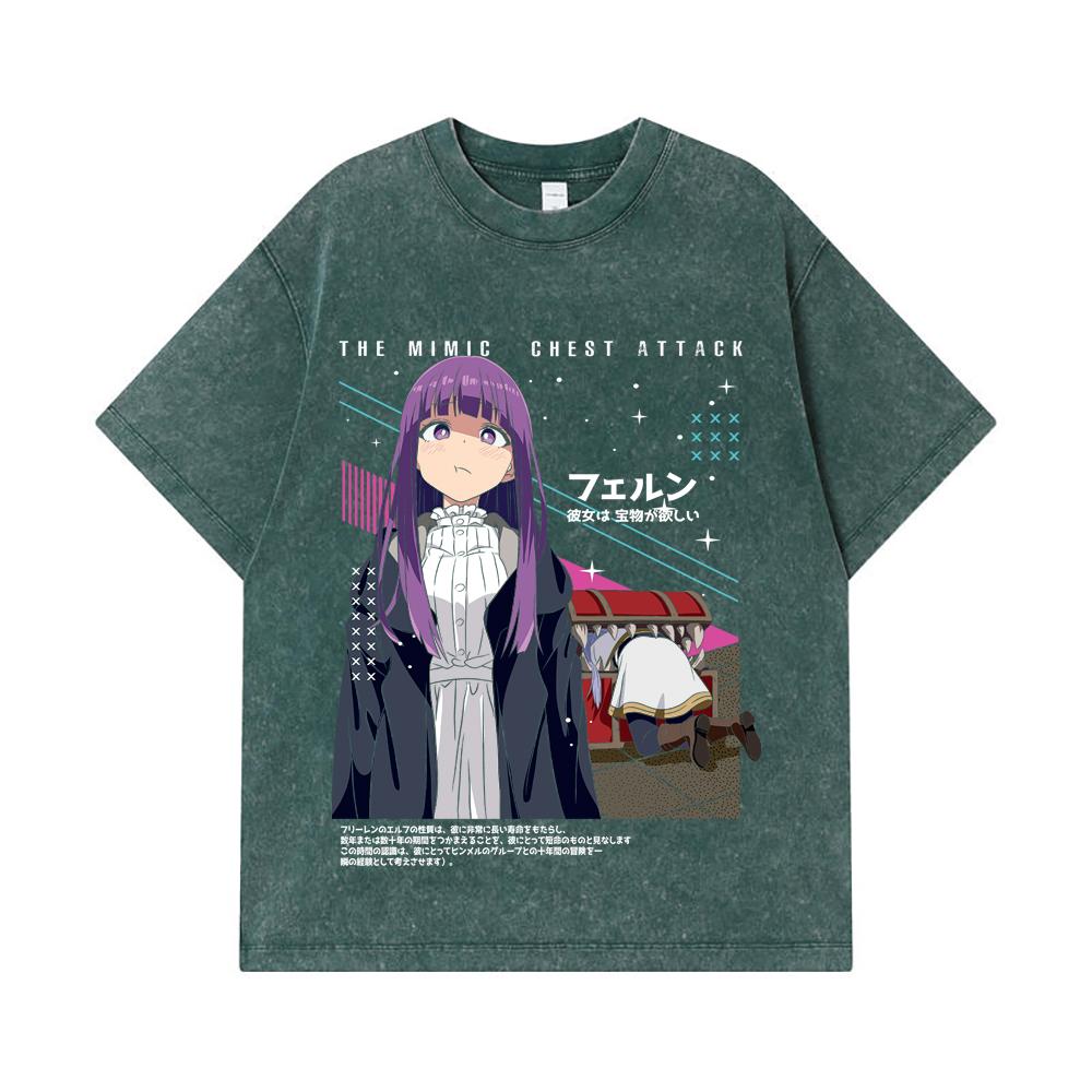 275 GSM Washed T-shirts 100% Cotton Frieren V2 Mimic Chest Attack Print Unisex Heavy Cotton T Shirt