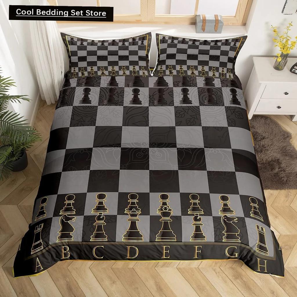 International Chess King Queen Duvet Cover Chess Board Bedding Set Black White Grid Quilt Cover Plaid Polyester Comforter Cover
