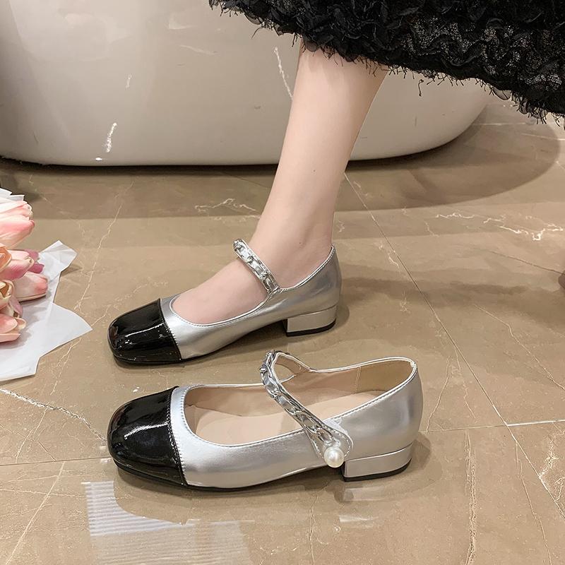Fashion Low-heel Mary Jane Shoes Women's French Style Thick Heel Shoes Elegant Sweet Chain Pearl Beige Heels Women's Mixed Color Pumps