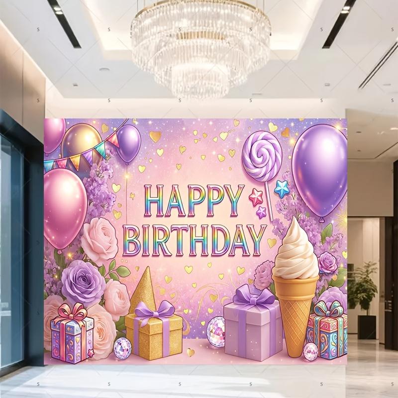Pastel-Toned Whimsical Birthday Scene with Glossy Balloons, Blooming Roses, Gift Boxes and Soft-Serve Ice Cream Cone, Happy Birthday in