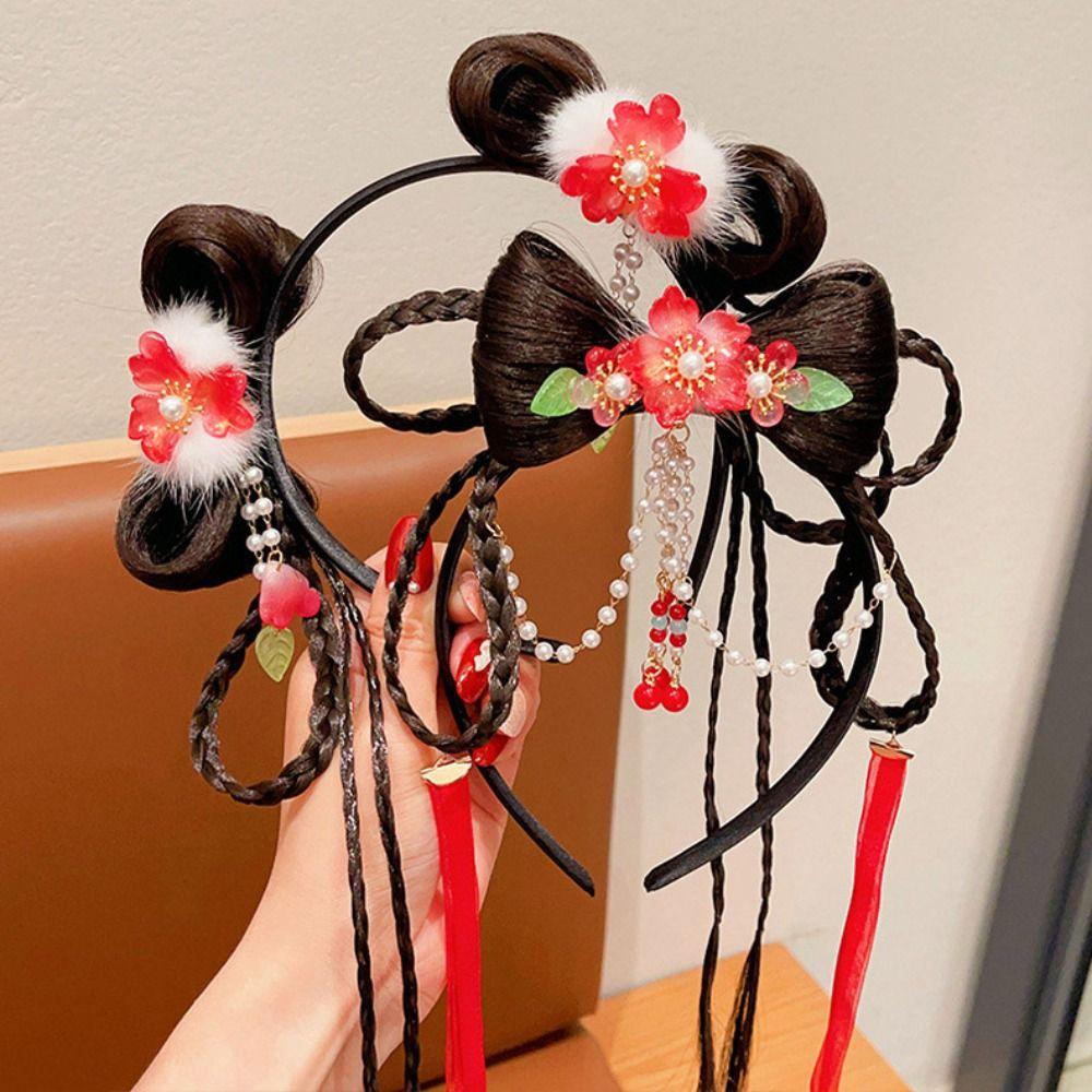 Braid Hair Chinese New Year Headwear Flower Hanfu Hair Sticks All-match Red Bow Hairband Girls