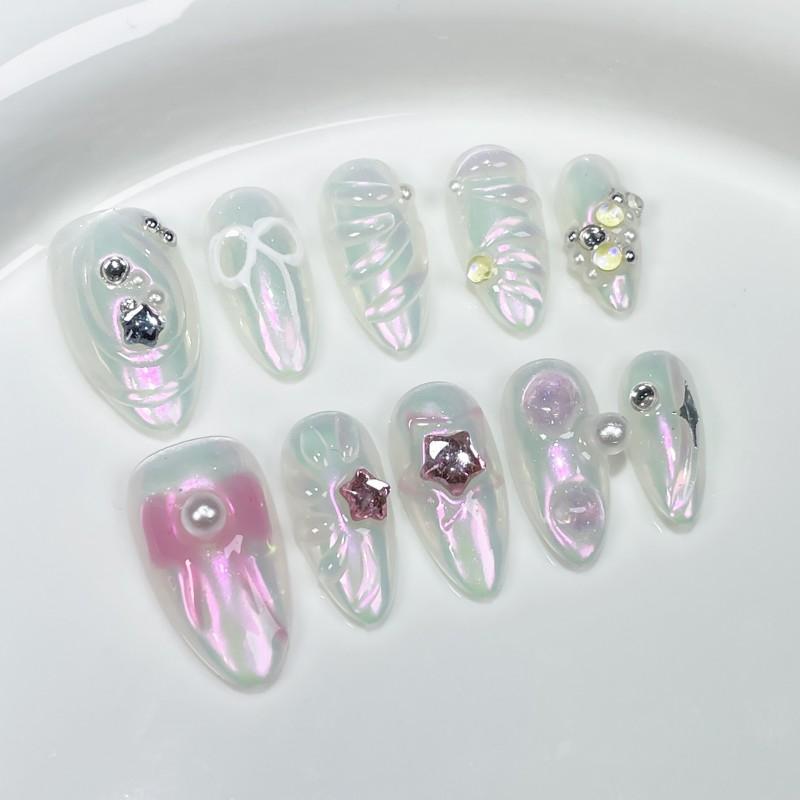 Handmade Press-On Nails With Hand-Painted Bow Design Irregular Almond Shape Thin Invisible Edge Sweet Cute Style