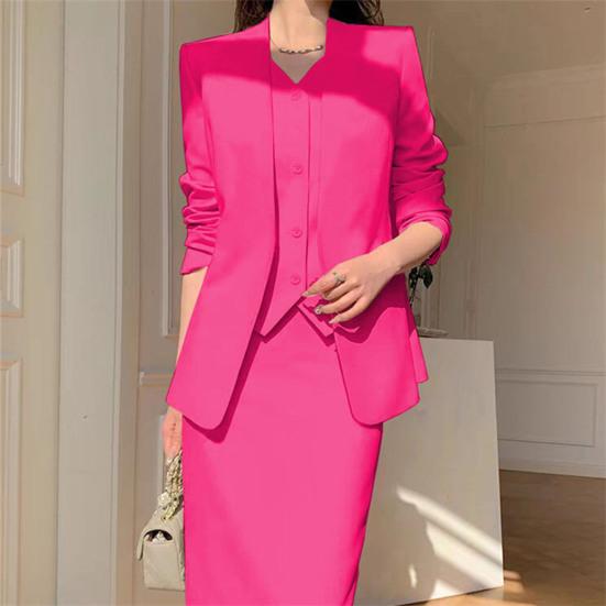 2 Pcs/Set Women Suit Coat Skirt Set Formal Business Style Long Sleeves Open Sticth Coat High Waist Slim Fit A-line Midi Skirt Outfit