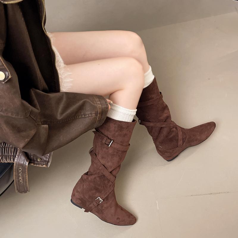 Внутренние ботинки-миди на высокой платформе, новые весенне-осенние, с острым носком, ремешком с пряжкой, голенищем, мягкой подошвой, нескользящие, на плоской подошве