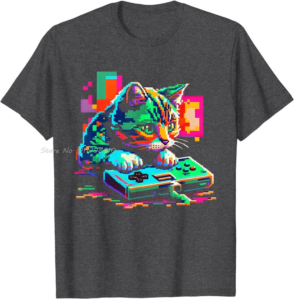 Новая летняя хлопковая футболка Игра Пиксель Повседневная рубашка Искусство кошки Игрок Котенок Футболка оверсайз Летняя мужская одежда Унисекс топы футболки