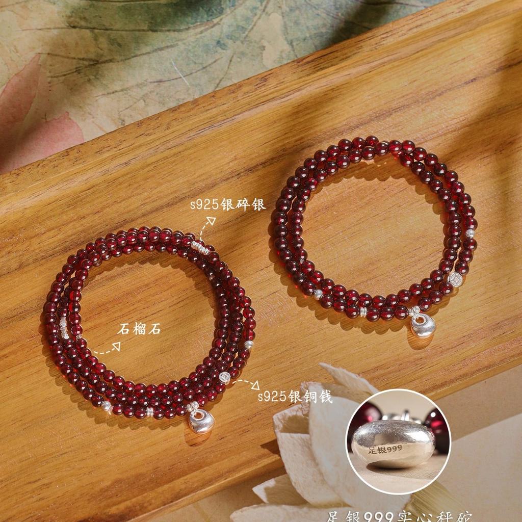 Liucai'an Natural Garnet Bracelet for Women, Multi-loop999Silver scale niche beaded bracelet
