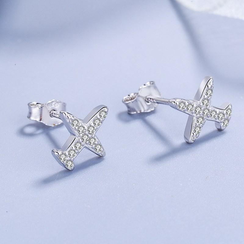S925 Sterling Silver Diamond-Embedded Small Aircraft Stud Earrings Korean Style Unique Creative Simple All-Match Earrings