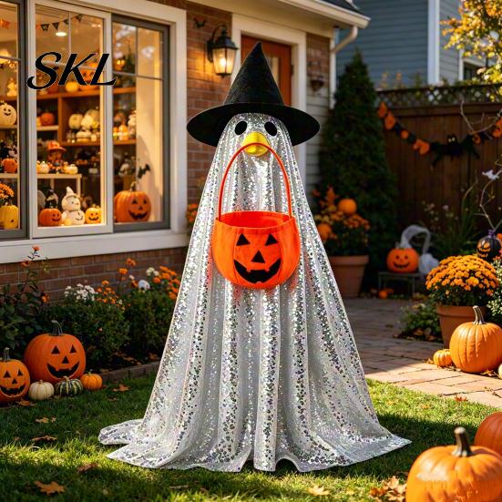 Ghost Outfit for Garden Goose Halloween Costume, with Shiny Sequin Decor, Decorative Accessories Statue Atmosphere Prop, Holiday Yard Decorations Cute