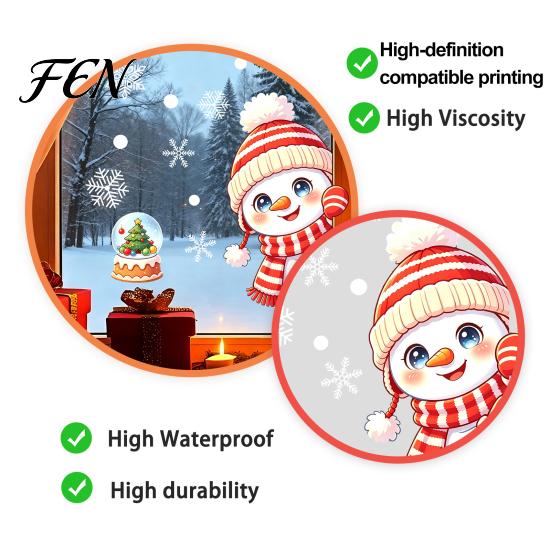 Cute Snowman Wall Art Peeking Static Cling Window Decal, Christmas Glass Sticker with Removable PVC Film Snowflakes, Reusable Holiday Decor