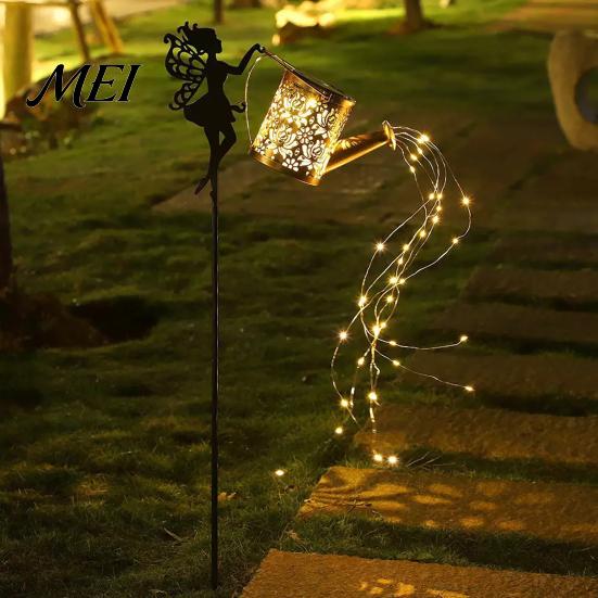 Solar Powered Garden Lights Christmas Santa Kettle Light, Solar-Powered Claus Watering Can Stake Lamp Warm Light Stakes with LED String, Outdoor