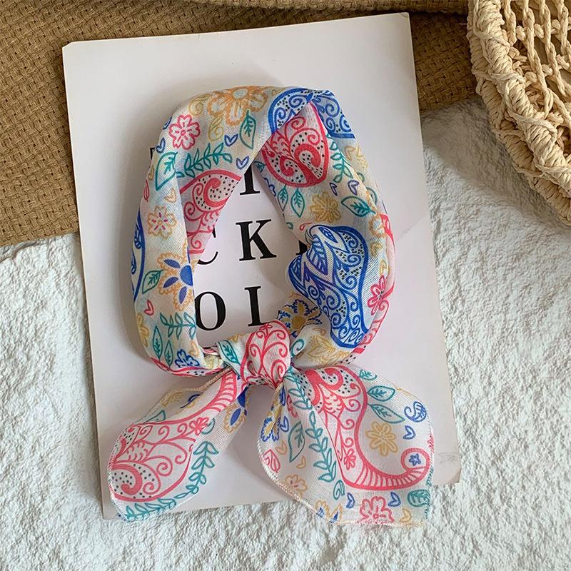 Neck Small Square Scarf Flower Literary Retro Scarf Headband Headscarf Silk Scarf High Sense Fashion Versatile Scarf Shawl
