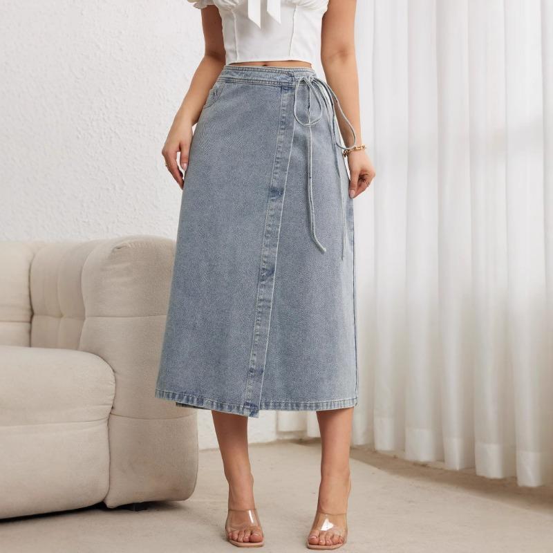 Women S Denim Midi Skirt Wrap Style Split Loose Elegant Vintage