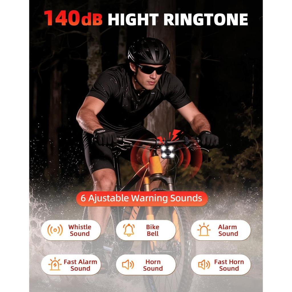 140dB Bike Horn with Front and Rear Light, 2in1 Bicycle Bell Control Switch LED Light, Rechargeable Waterproof, 8+5 Modes Headlight and Tail Light