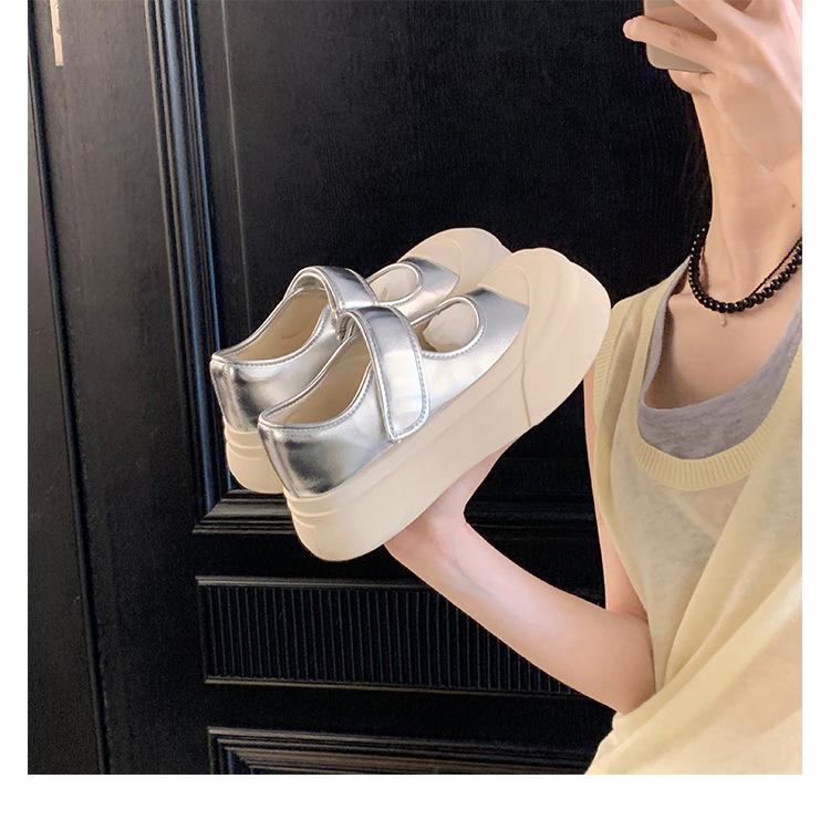 Cowhide Version~ Velcro Leather One-pedal Thick-soled Heightening Shoes Silver Mary Jane Single Shoes Muffin White Shoes