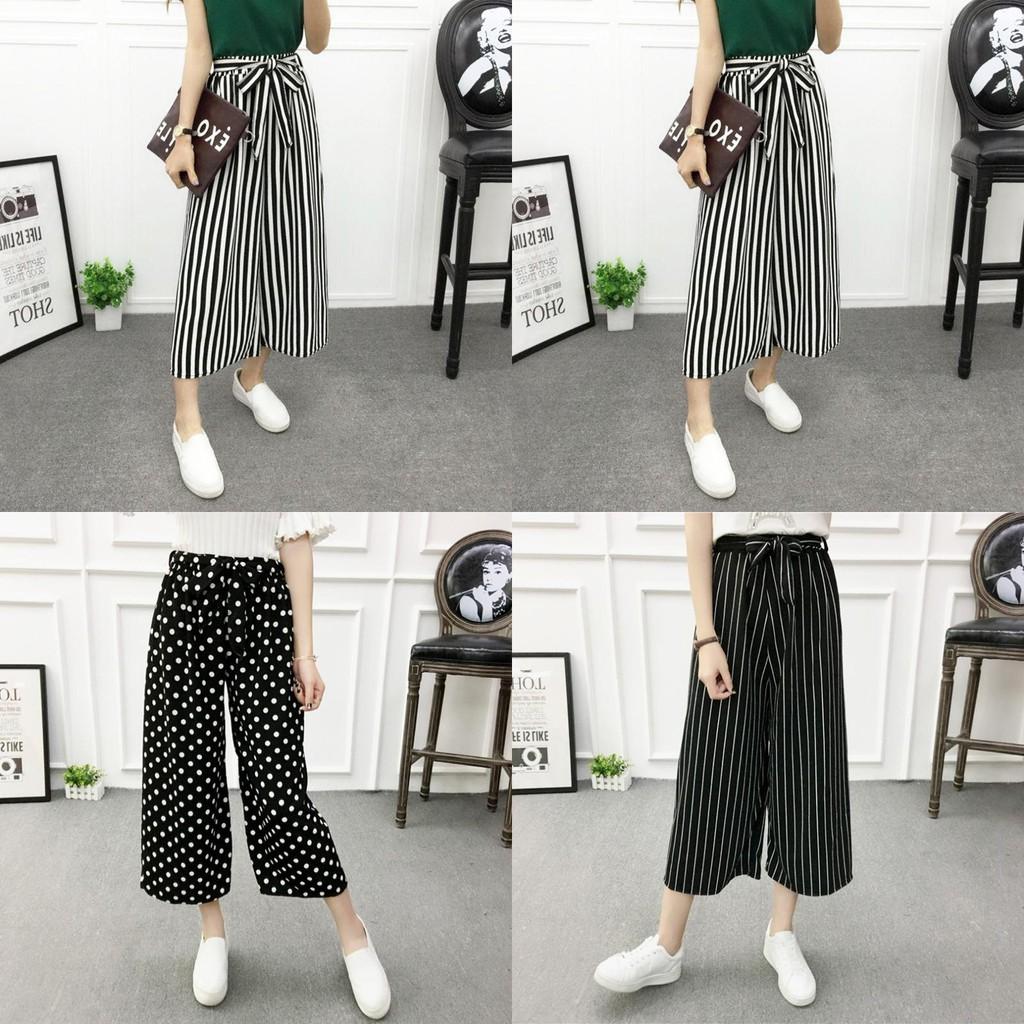Women Wide Korean Leg High Waist Loose Baggy Casual Striped Crop Pants Trousers
