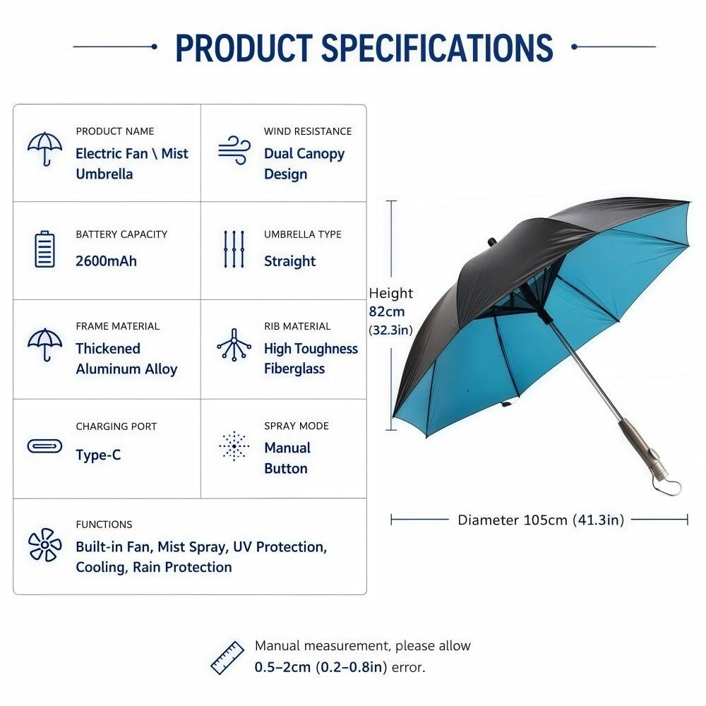 USB Charging Cooling Umbrella UV Protection Outdoor Umbrella For Summer, Beach, Fishing