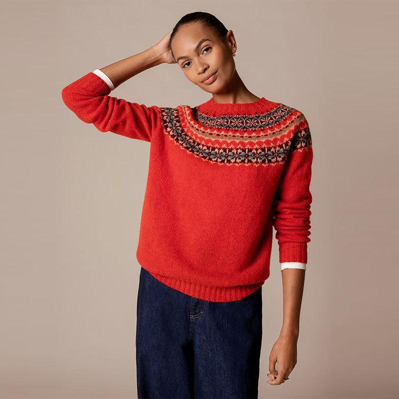 Europe, America, autumn and winter new Fair Island pattern sweater jacket round neck long sleeve loose knitted sweater women's top