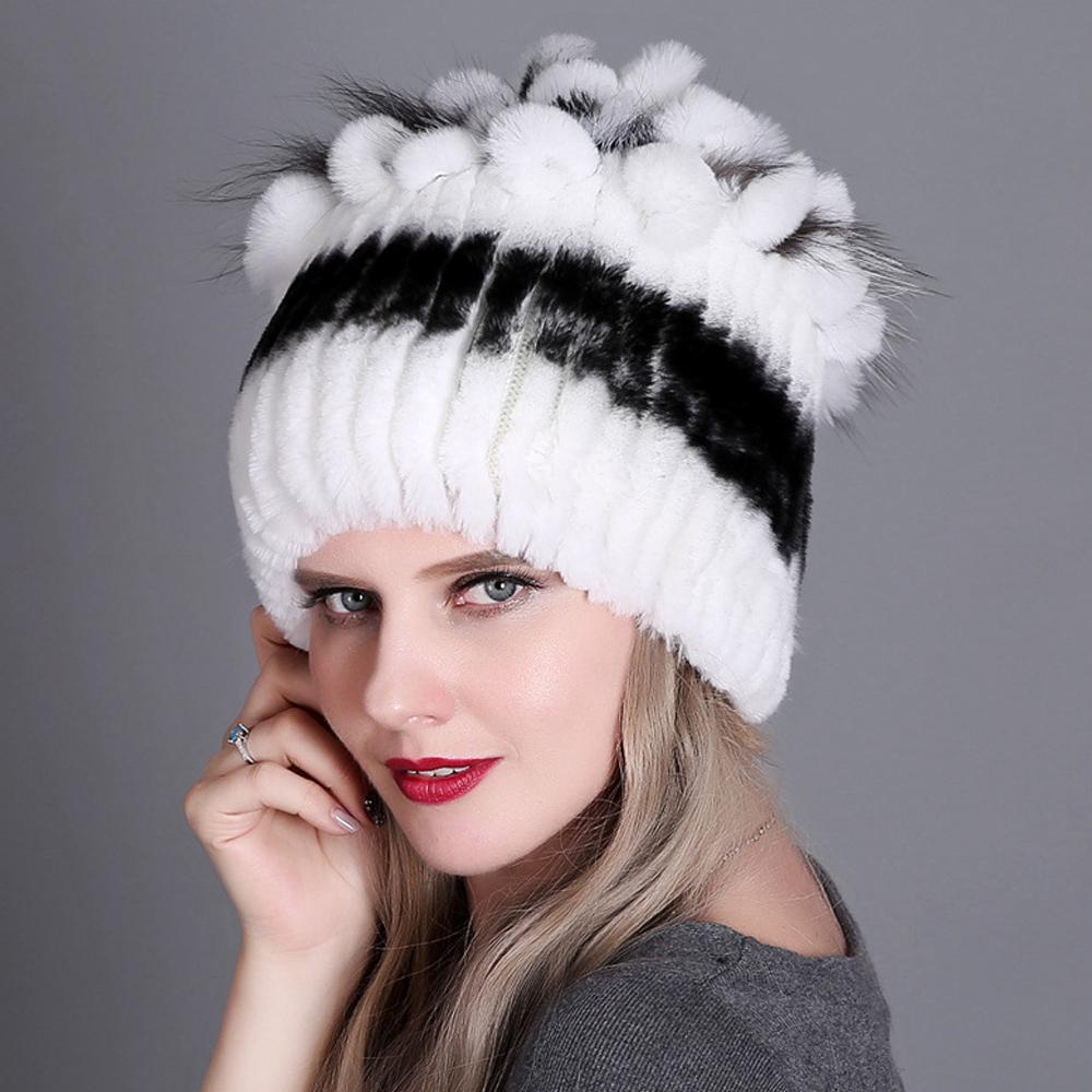 Winter Premium Rabbit Fur Beanie Hats Genuine Rabbit Fur Caps Women Winter Fur Rex Rabbit Knitted Hats Warm Beanie Caps